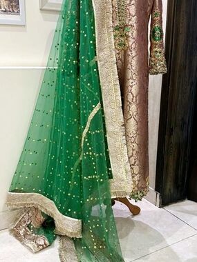 Green Sheer Dupatta with Gold Sequin Trim